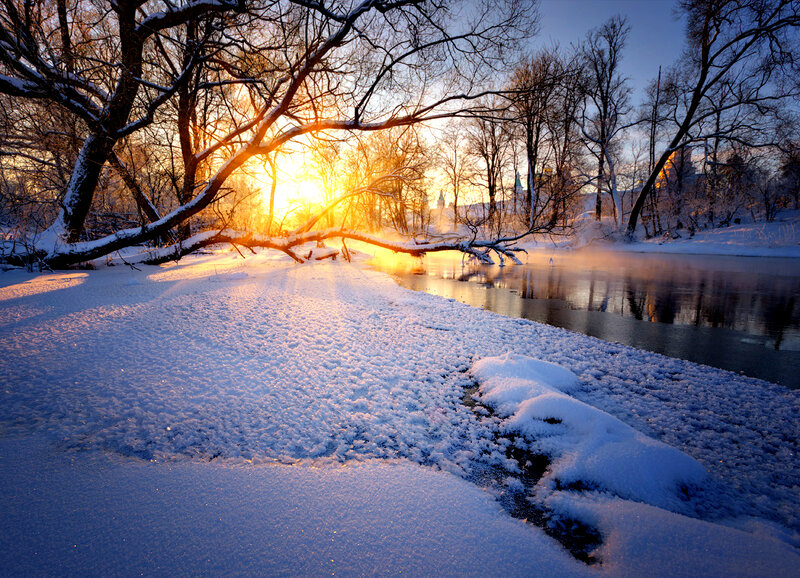 Snow-covered Riverbank — White, Serene, Winter, Photograph, River, Trees, Sunrise