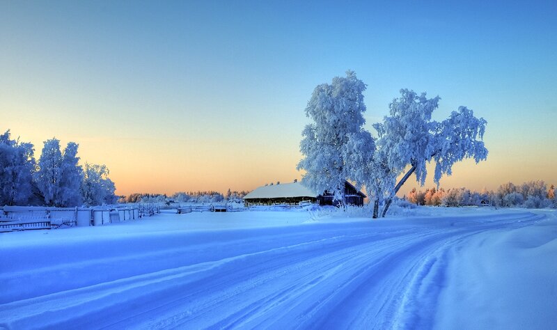 Snow-covered Road and Cabin