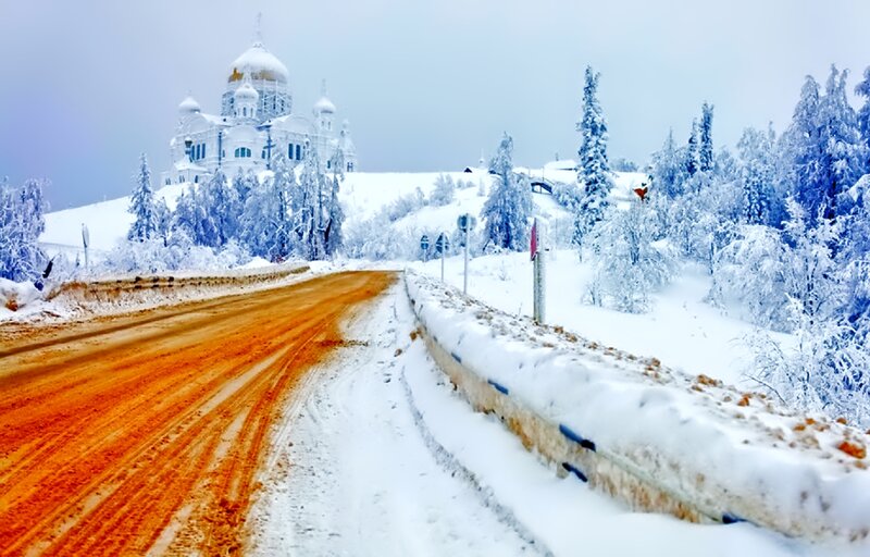 Snow-covered Road and Church