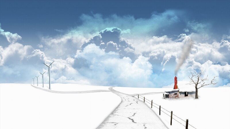 Snow-covered Road and Wind Turbines