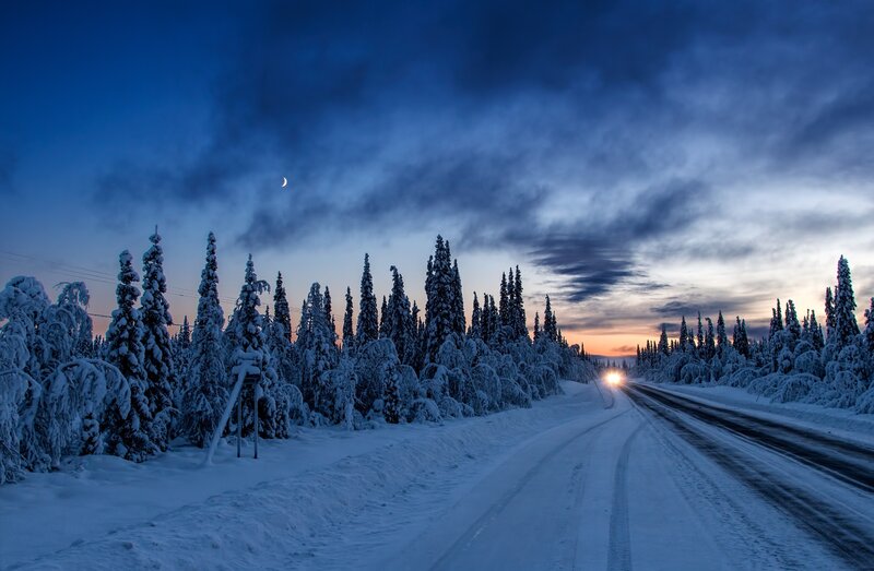 Snow-covered Road at Dusk — Blue, Serene