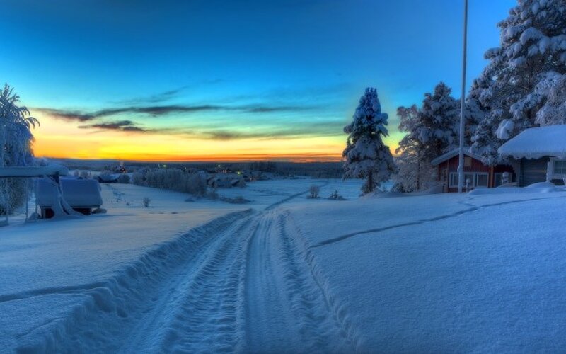 Snow-covered Road at Dusk — Blue, Serene, Winter