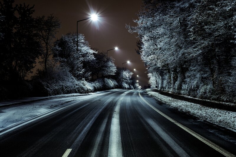 Snow-covered Road at Night — Black, Cold