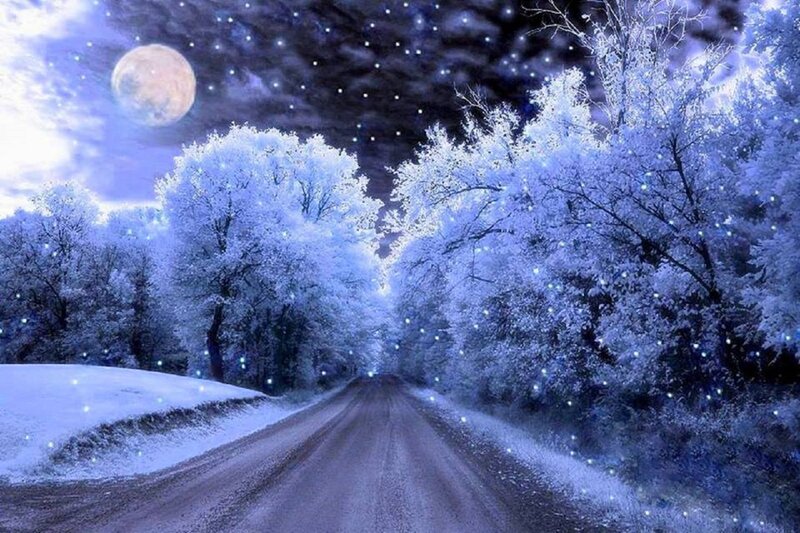 Snow-covered Road at Night — Blue, Serene, Digital Art