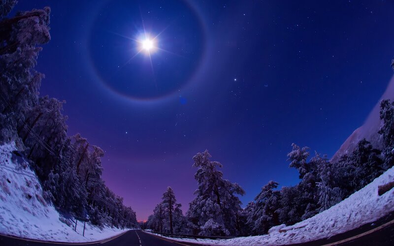 Snow-covered Road at Night — Blue, Serene, Photograph, Moon, Stars