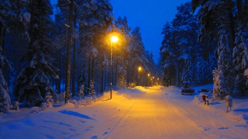 Snow-covered Road at Night — Blue, Serene, Photograph, Streetlights
