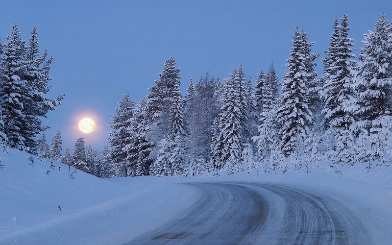 Snow-covered Road at Night — Blue, Serene