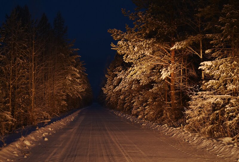 Snow-covered Road at Night — Brown