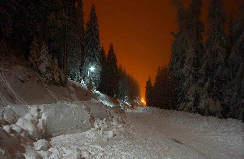 Snow-covered Road at Night — White, Cold, Quiet