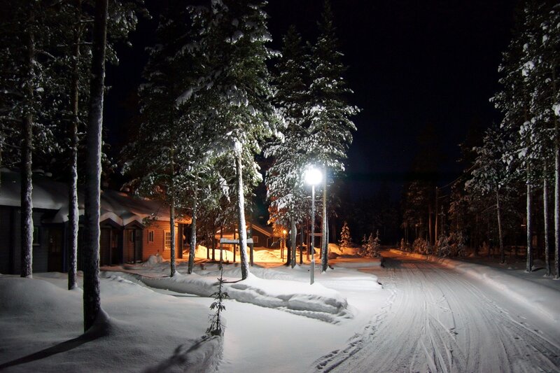 Snow-covered Road at Night — White, Serene, Photograph