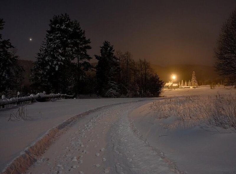 Snow-covered Road at Night — White