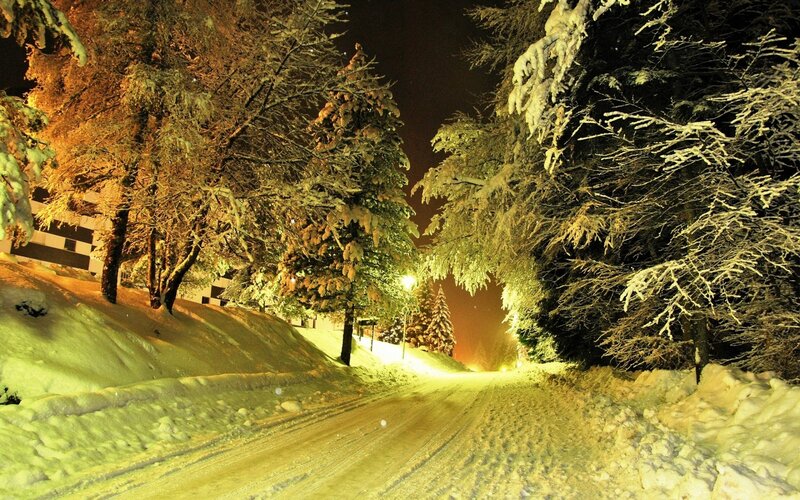 Snow-covered Road at Night — Yellow