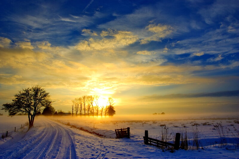 Snow-covered Road at Sunrise — Blue, Serene