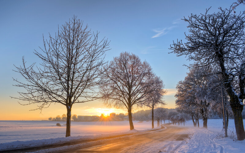 Snow-covered Road at Sunrise — Blue, Serene, Winter