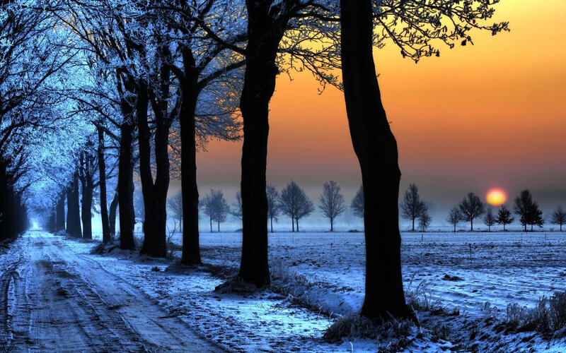 Snow-covered Road at Sunrise — Blue