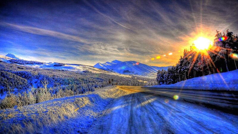 Snow-covered Road at Sunset — Blue, Dramatic