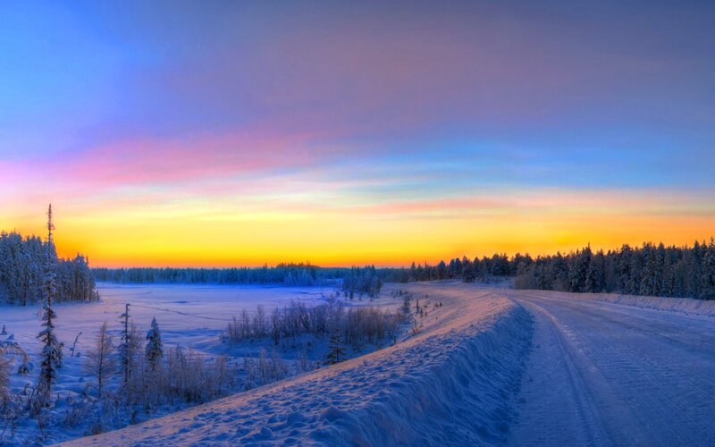 Snow-covered Road at Sunset — Blue, Serene, Photograph, Forest