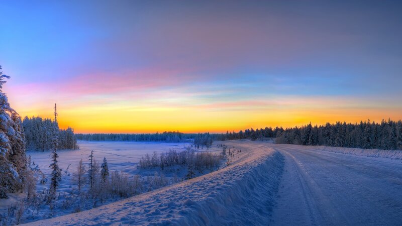 Snow-covered Road at Sunset — Blue, Serene, Photograph