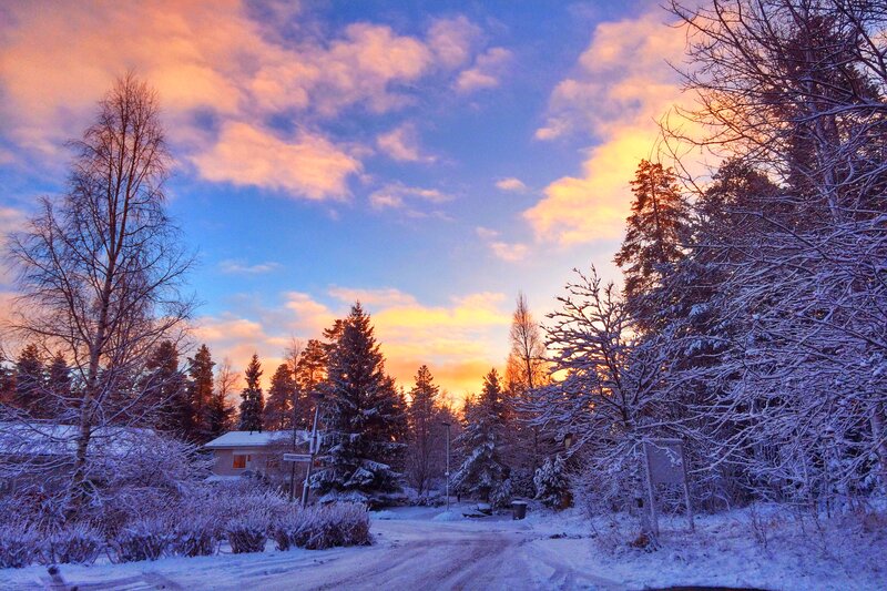Snow-covered Road at Sunset — Blue, Serene, Photograph, Trees, House
