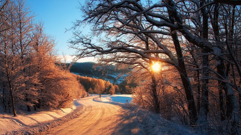 Snow-covered Road at Sunset — Blue, Serene, Photograph, Trees