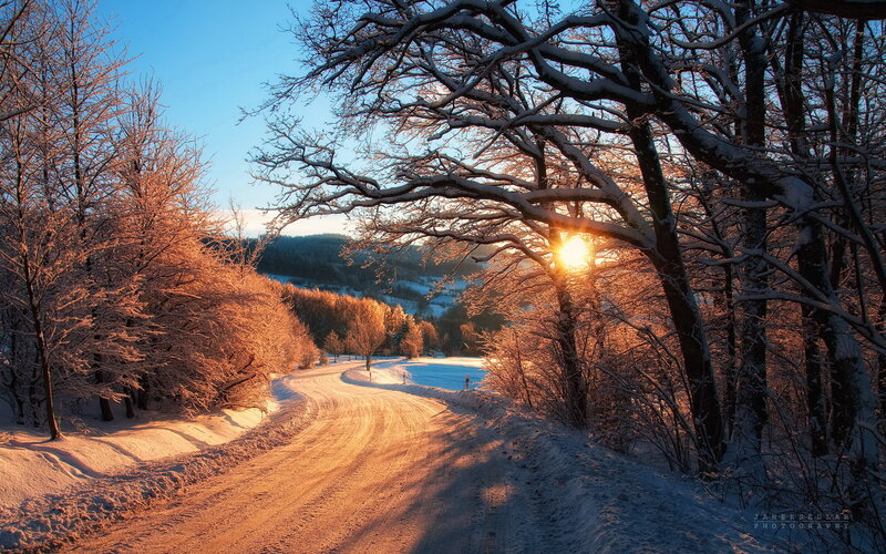 Snow-covered Road at Sunset — Blue, Serene