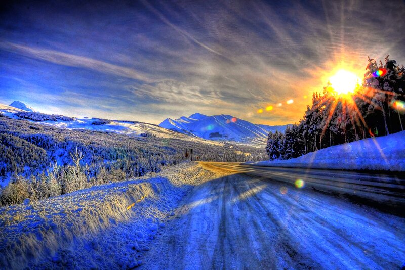 Snow-covered Road at Sunset — Blue