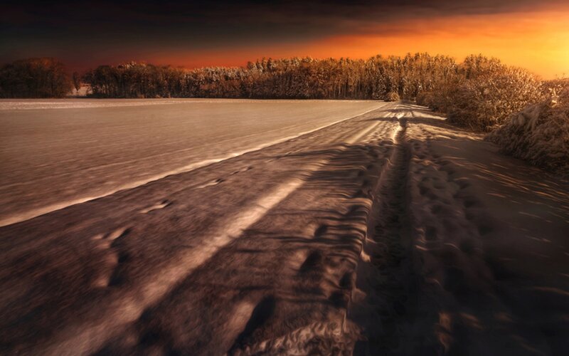 Snow-covered Road at Sunset — Orange, Dramatic, Photograph, Field