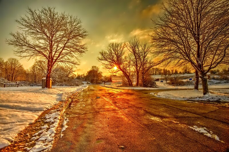 Snow-covered Road at Sunset — Orange, Dramatic, Photograph