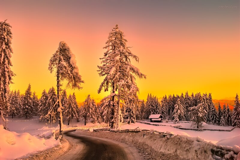 Snow-covered Road at Sunset — Orange, Serene, Photograph