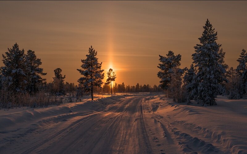 Snow-covered Road at Sunset — Orange, Serene, Photograph, Trees