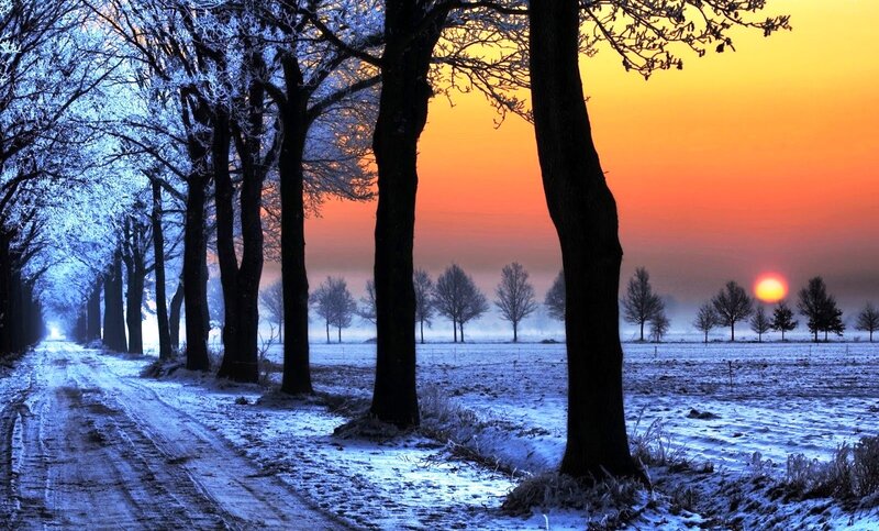 Snow-covered Road at Sunset — Orange, Serene