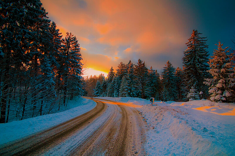Snow-covered Road at Sunset — Orange