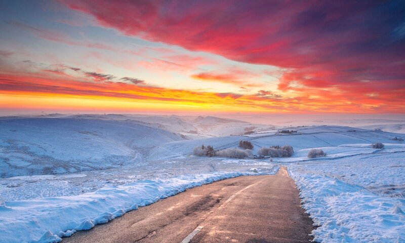 Snow-covered Road at Sunset — Red, Dramatic
