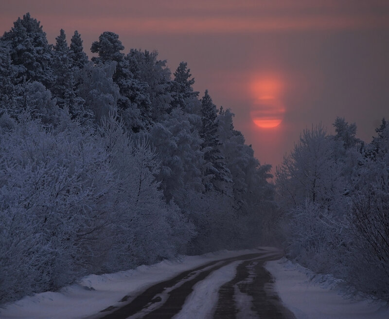 Snow-covered Road at Sunset — Red