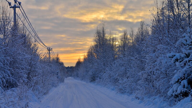 Snow-covered Road at Sunset — White, Serene, Winter