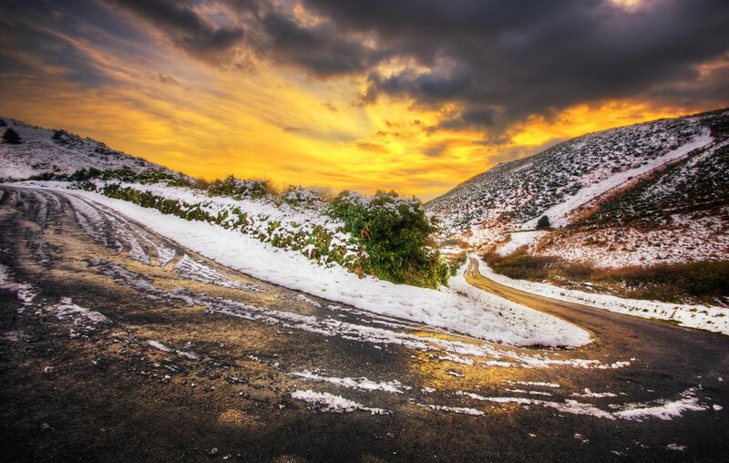 Snow-covered Road at Sunset — Yellow, Dramatic