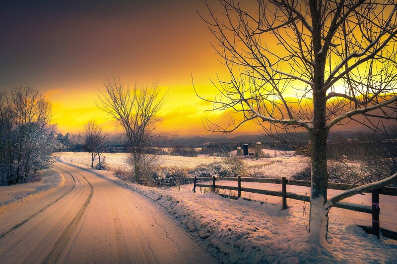 Snow-covered Road at Sunset — Yellow, Serene, Winter, Photograph