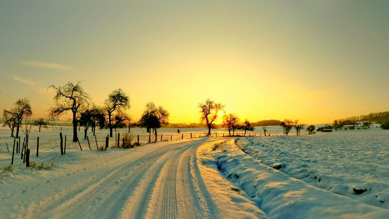 Snow-covered Road at Sunset — Yellow, Serene, Winter