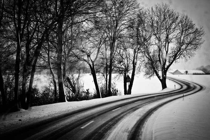 Snow-covered Road — Black, Dreary, Winter