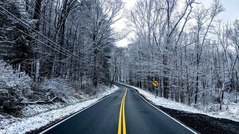 Snow-covered Road — Black, Serene, Winter, Photograph, Trees, Road Sign