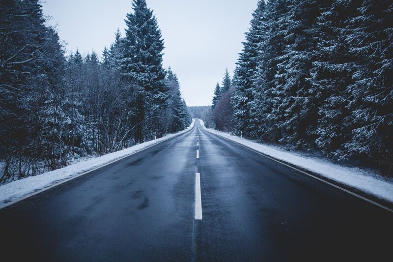 Snow-covered Road — Blue, Cold, Winter, Photograph, Trees, Forest
