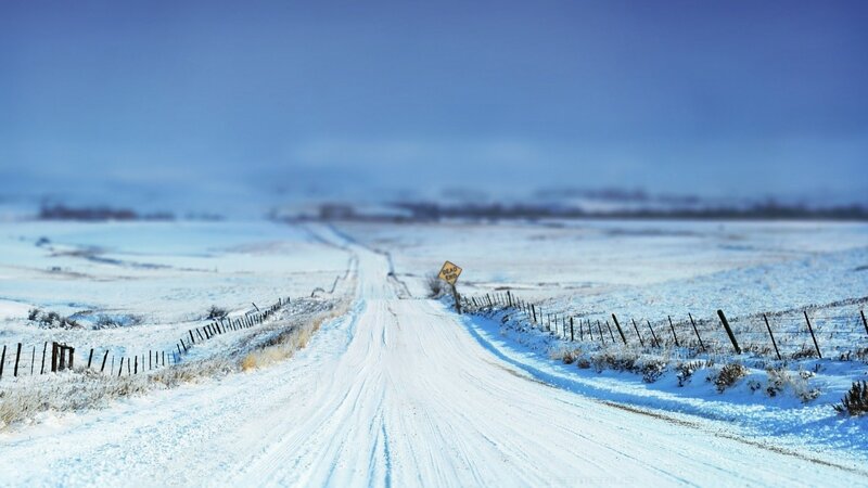 Snow-covered Road — Blue, Serene, Winter, Photograph, Fence