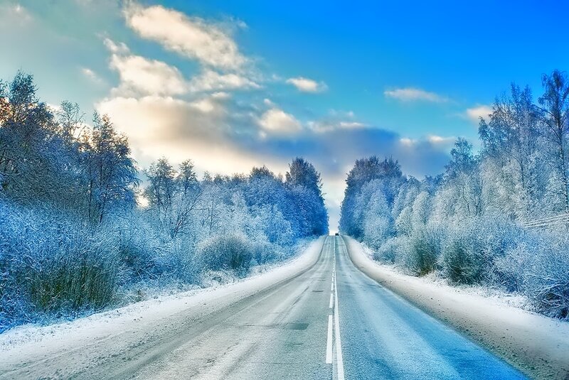 Snow-covered Road — Blue, Serene, Winter, Photograph, Trees, Sky, Clouds