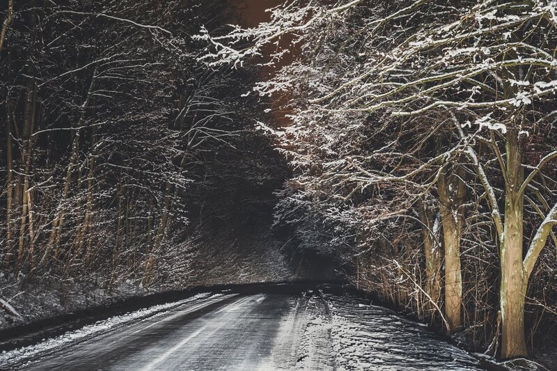 Snow-covered Road in Forest — Black, Dark