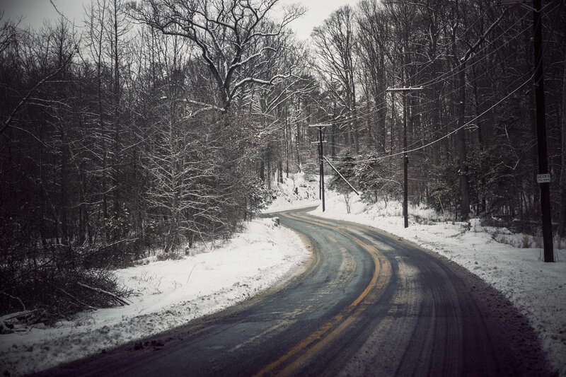 Snow-covered Road in Forest — Black, Dreary