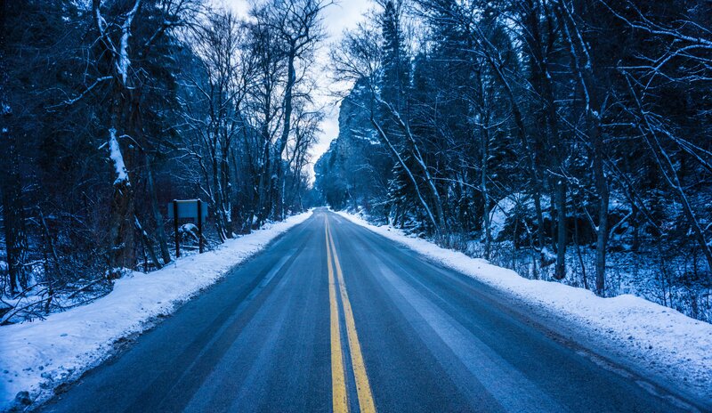 Snow-covered Road in Forest — Blue, Cold, Winter, Photograph
