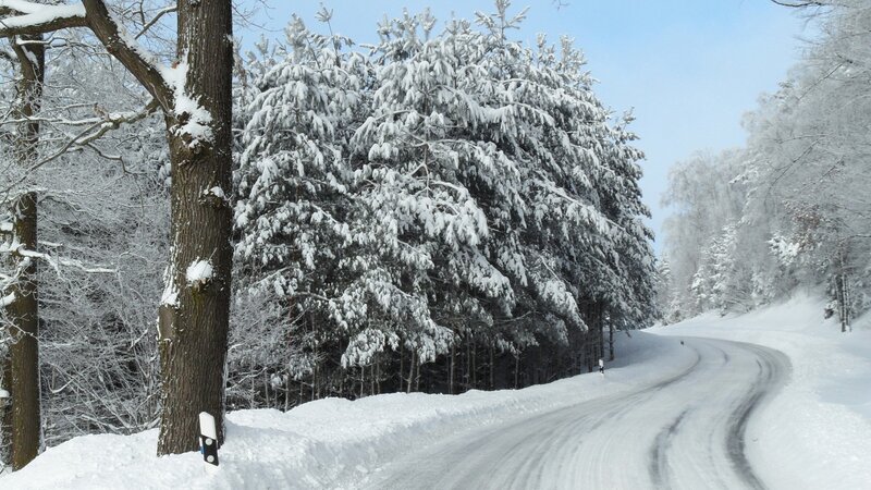 Snow-covered Road in Forest — Sky