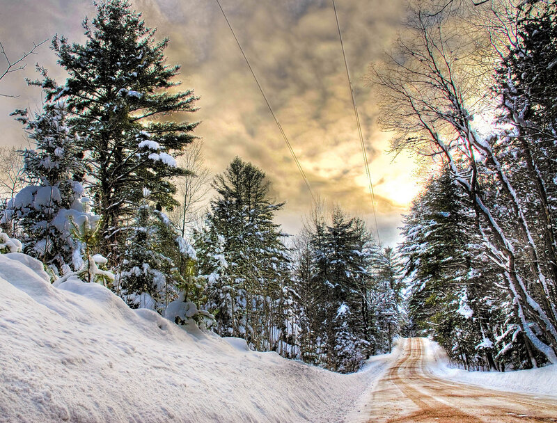 Snow-covered Road in Forest — White, Dramatic