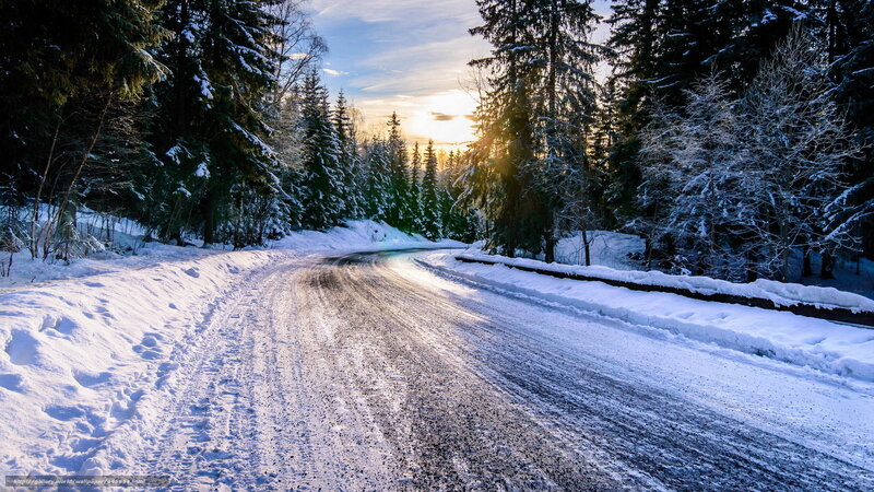 Snow-covered Road in Forest — White, Serene, Sunset, Photograph