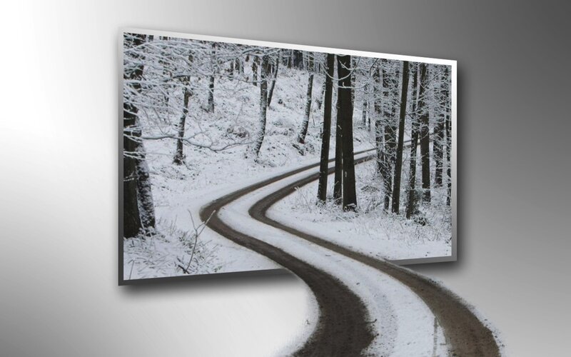Snow-covered Road in Forest — White, Serene, Winter, Photograph, Trees, Snow, Path, Black